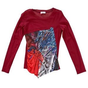 Red Long Sleeve Mesh Graphic Top